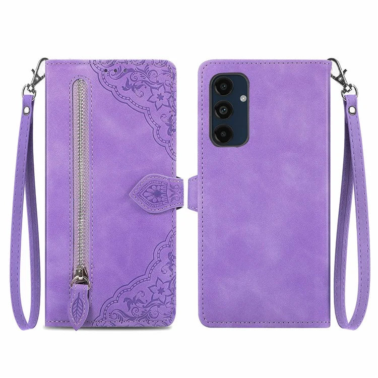 For Samsung Galaxy S24 FE Case Zipper Wallet PU Leather Flower Imprint Phone Cover