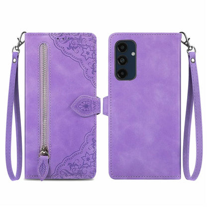 For Samsung Galaxy S24 FE Case Zipper Wallet PU Leather Flower Imprint Phone Cover