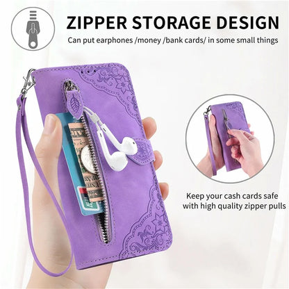 For Samsung Galaxy S24 FE Case Zipper Wallet PU Leather Flower Imprint Phone Cover