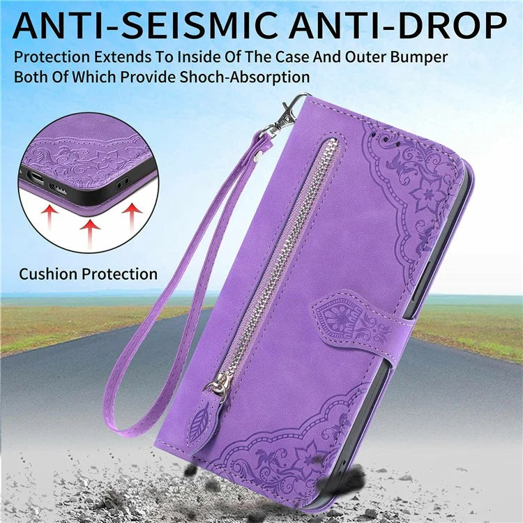 For Samsung Galaxy S24 FE Case Zipper Wallet PU Leather Flower Imprint Phone Cover