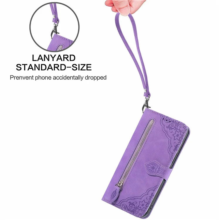 For Samsung Galaxy S24 FE Case Zipper Wallet PU Leather Flower Imprint Phone Cover