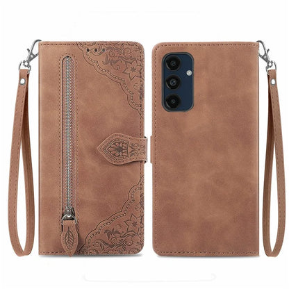 For Samsung Galaxy S24 FE Case Zipper Wallet PU Leather Flower Imprint Phone Cover