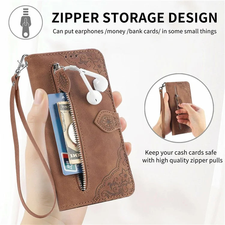For Samsung Galaxy S24 FE Case Zipper Wallet PU Leather Flower Imprint Phone Cover