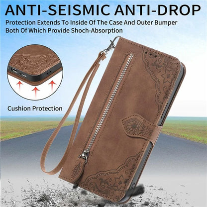 For Samsung Galaxy S24 FE Case Zipper Wallet PU Leather Flower Imprint Phone Cover