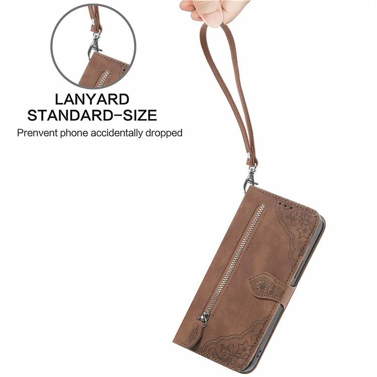 For Samsung Galaxy S24 FE Case Zipper Wallet PU Leather Flower Imprint Phone Cover