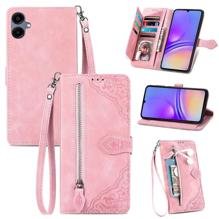 For Samsung Galax A06 Case Zipper Wallet PU Leather Flower Imprint Phone Cover