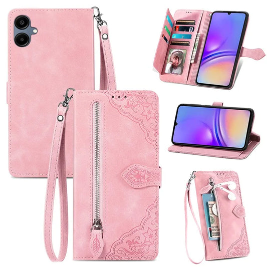 For Samsung Galax A06 Case Zipper Wallet PU Leather Flower Imprint Phone Cover