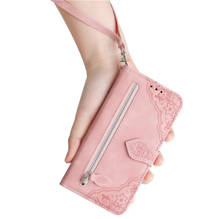 For Samsung Galax A06 Case Zipper Wallet PU Leather Flower Imprint Phone Cover