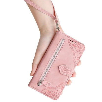 For Samsung Galax A06 Case Zipper Wallet PU Leather Flower Imprint Phone Cover