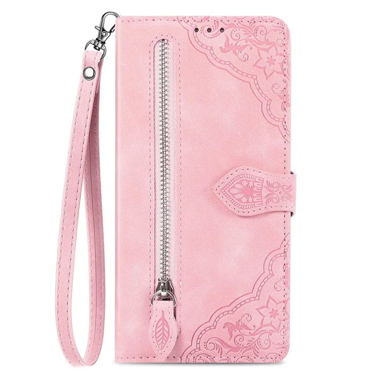 For Samsung Galax A06 Case Zipper Wallet PU Leather Flower Imprint Phone Cover