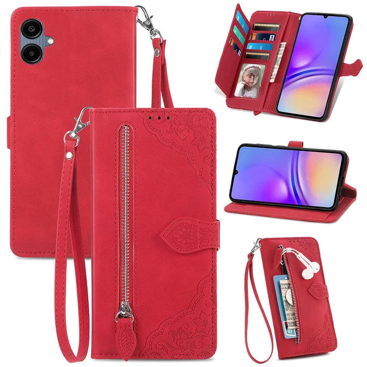 For Samsung Galax A06 Case Zipper Wallet PU Leather Flower Imprint Phone Cover