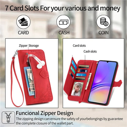For Samsung Galax A06 Case Zipper Wallet PU Leather Flower Imprint Phone Cover