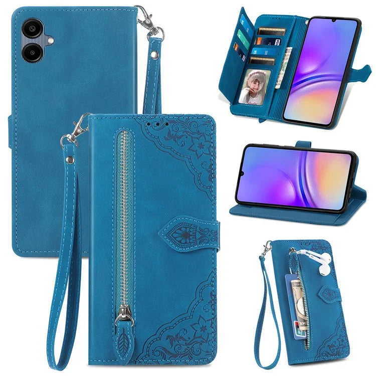 For Samsung Galax A06 Case Zipper Wallet PU Leather Flower Imprint Phone Cover