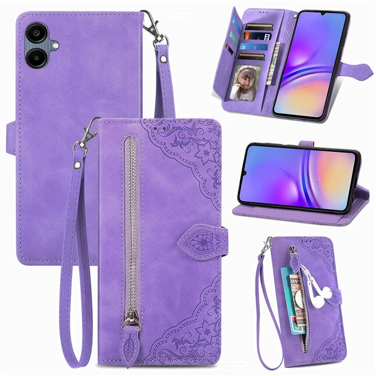 For Samsung Galax A06 Case Zipper Wallet PU Leather Flower Imprint Phone Cover