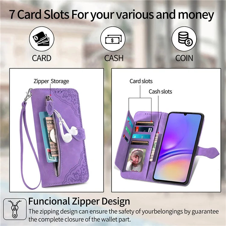 For Samsung Galax A06 Case Zipper Wallet PU Leather Flower Imprint Phone Cover