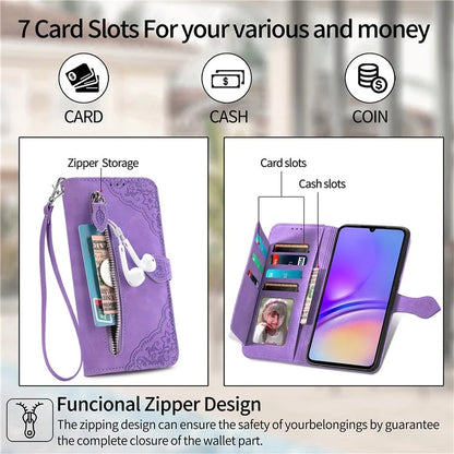 For Samsung Galax A06 Case Zipper Wallet PU Leather Flower Imprint Phone Cover
