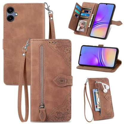 For Samsung Galax A06 Case Zipper Wallet PU Leather Flower Imprint Phone Cover