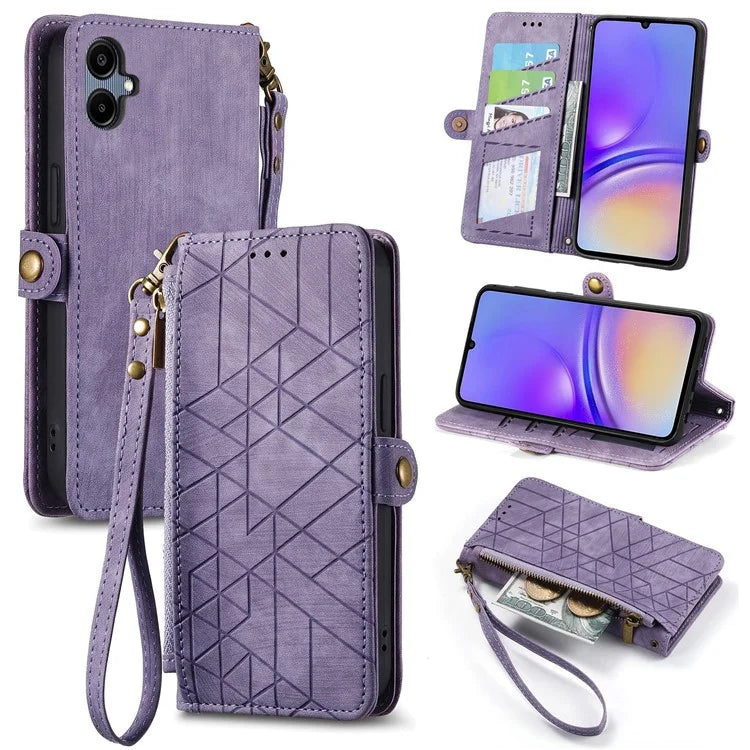 For Samsung Galaxy A06 Case Zipper Wallet Geometry Lines Leather Phone Cover