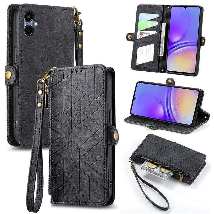 For Samsung Galaxy A06 Case Zipper Wallet Geometry Lines Leather Phone Cover