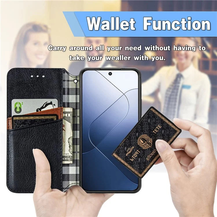 For Xiaomi 14T Pro Case Rhombus Imprint PU Leather Wallet Phone Cover