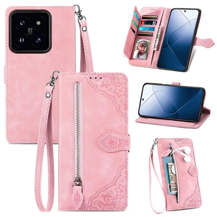 For Xiaomi 14T Pro Case Zipper Wallet PU Leather Flower Imprint Phone Cover