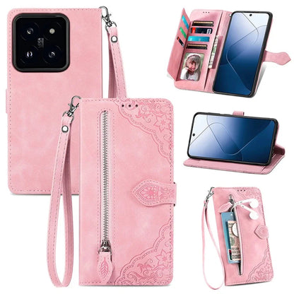 For Xiaomi 14T Pro Case Zipper Wallet PU Leather Flower Imprint Phone Cover