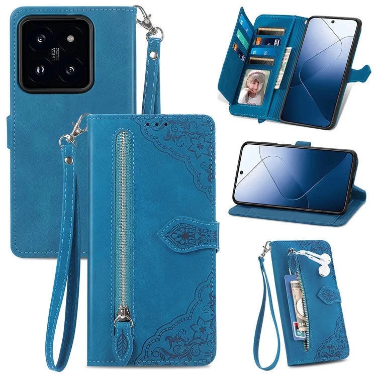 For Xiaomi 14T Pro Case Zipper Wallet PU Leather Flower Imprint Phone Cover