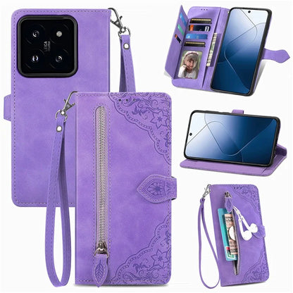 For Xiaomi 14T Pro Case Zipper Wallet PU Leather Flower Imprint Phone Cover