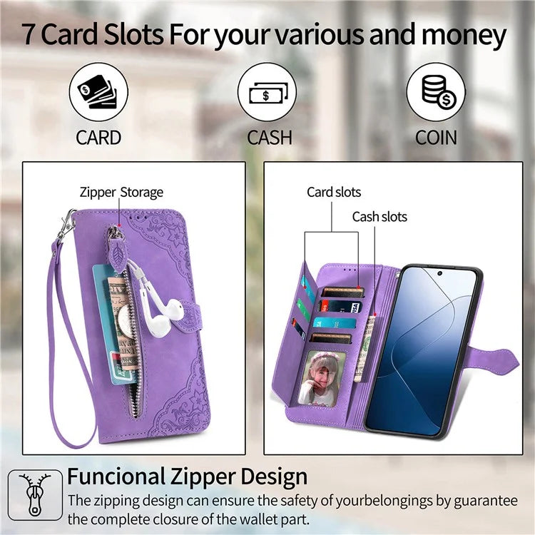 For Xiaomi 14T Pro Case Zipper Wallet PU Leather Flower Imprint Phone Cover