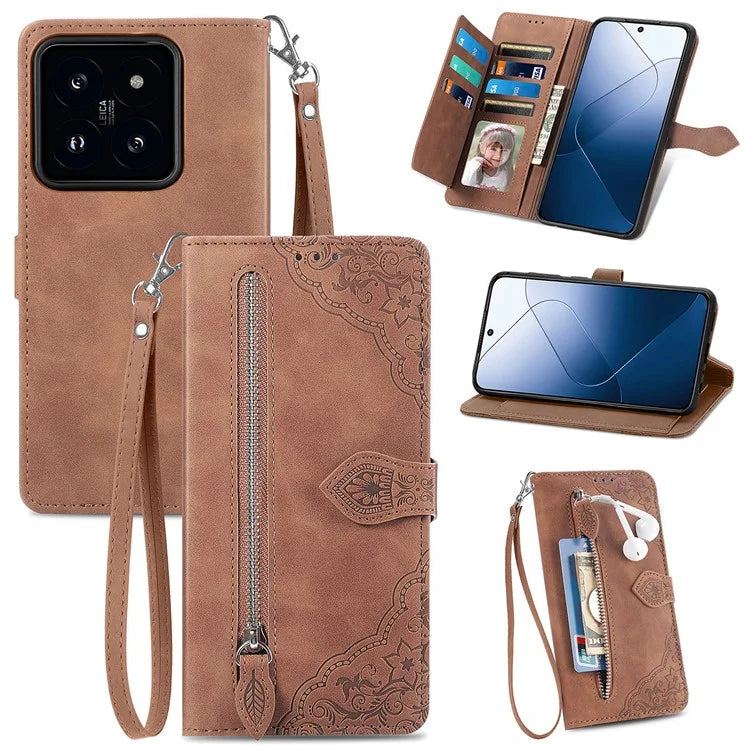 For Xiaomi 14T Pro Case Zipper Wallet PU Leather Flower Imprint Phone Cover