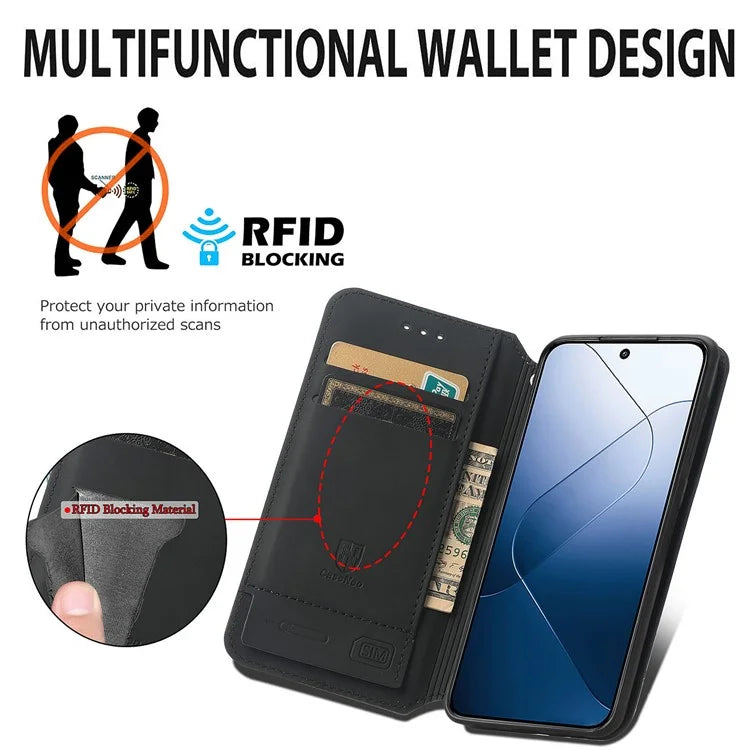 CASENEO 001 Series for Xiaomi 14T Pro Case RFID Blocking Wallet Leather Cover Pattern Print