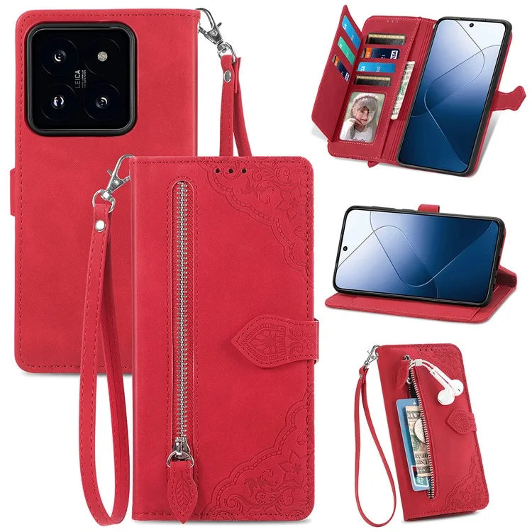 For Xiaomi 14T Case Zipper Wallet PU Leather Flower Imprint Phone Cover