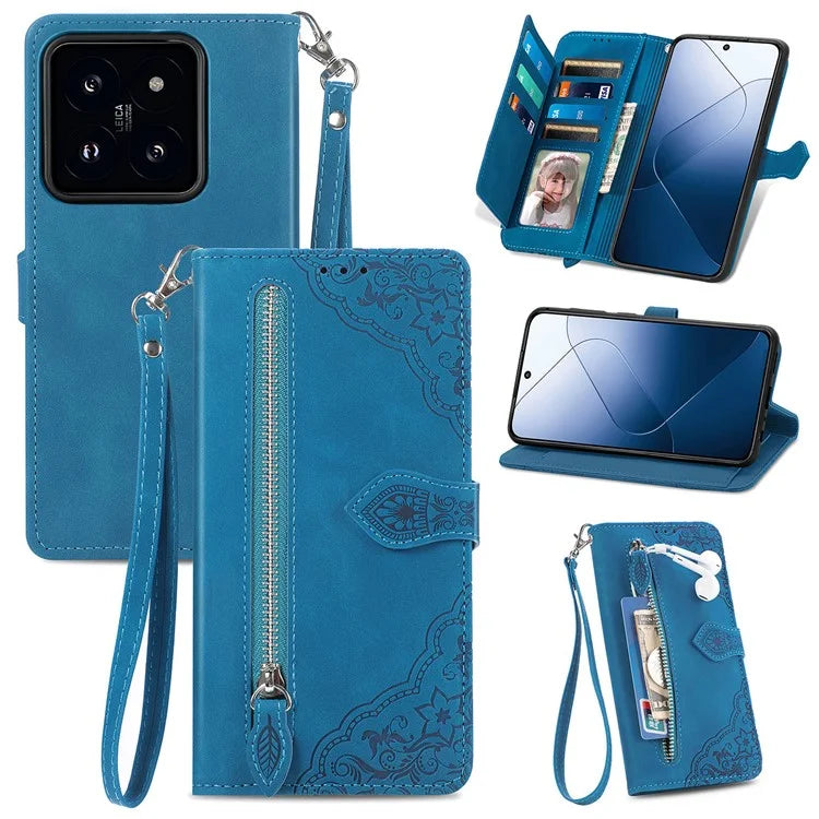 For Xiaomi 14T Case Zipper Wallet PU Leather Flower Imprint Phone Cover
