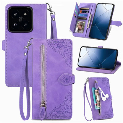 For Xiaomi 14T Case Zipper Wallet PU Leather Flower Imprint Phone Cover