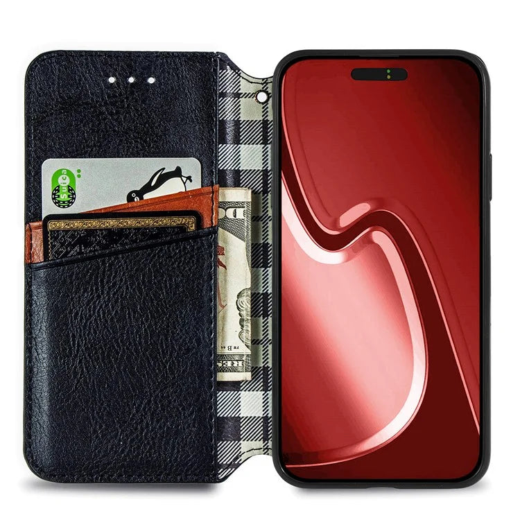 For iPhone 16 Pro Max Case Rhombus Imprint PU Leather Wallet Phone Cover