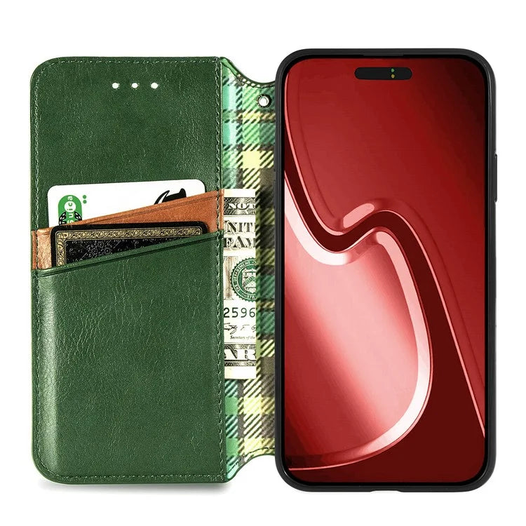 For iPhone 16 Pro Max Case Rhombus Imprint PU Leather Wallet Phone Cover