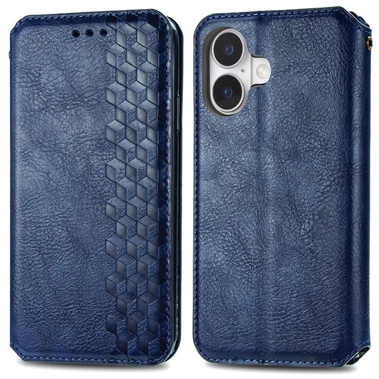 For iPhone 16 Plus Case Rhombus Imprint PU Leather Wallet Phone Cover