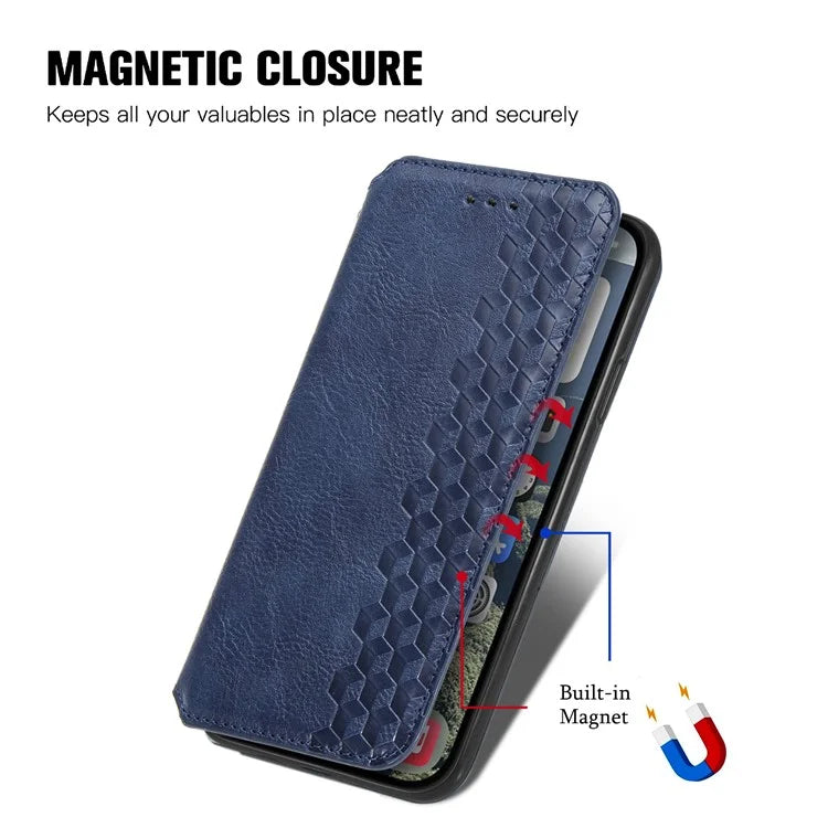 For iPhone 16 Plus Case Rhombus Imprint PU Leather Wallet Phone Cover