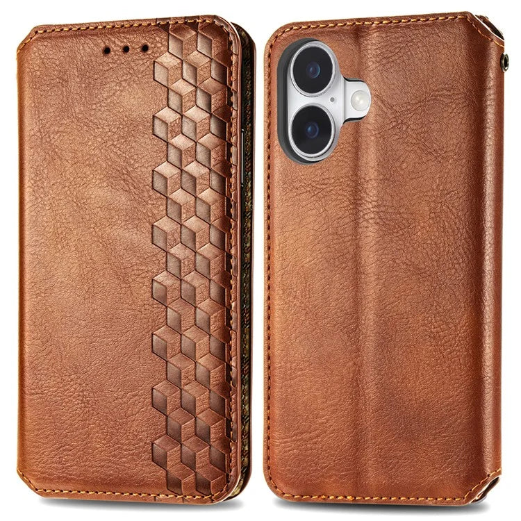 For iPhone 16 Plus Case Rhombus Imprint PU Leather Wallet Phone Cover