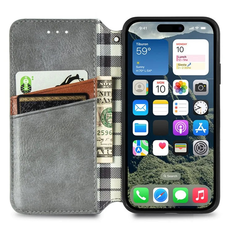 For iPhone 16 Plus Case Rhombus Imprint PU Leather Wallet Phone Cover