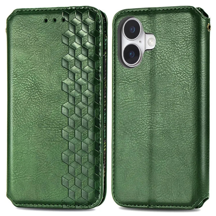 For iPhone 16 Case Rhombus Imprint PU Leather Wallet Phone Cover