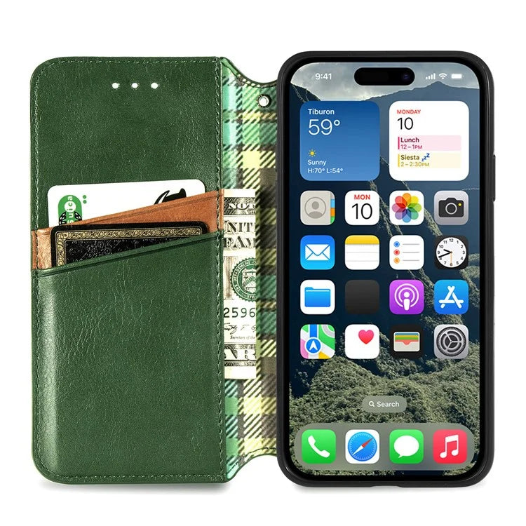 For iPhone 16 Case Rhombus Imprint PU Leather Wallet Phone Cover