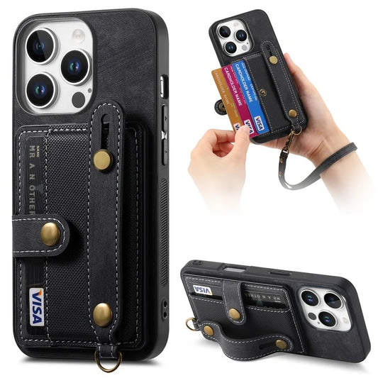 For iPhone 16 Pro Max Case Wristband Kickstand PU Leather Retro Back Cover Card Holder