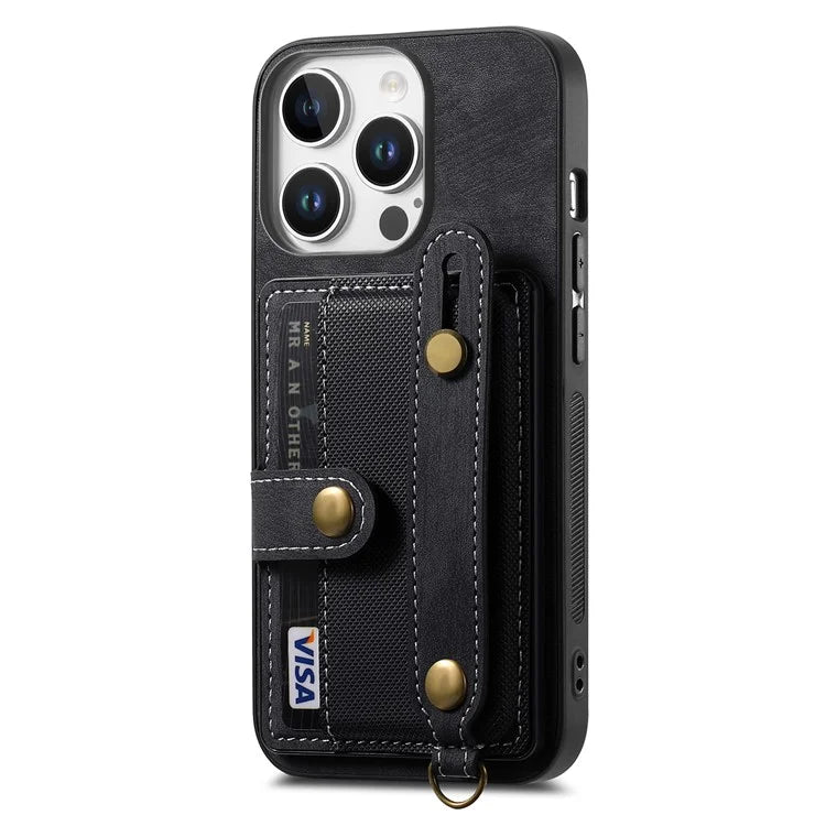 For iPhone 16 Pro Max Case Wristband Kickstand PU Leather Retro Back Cover Card Holder