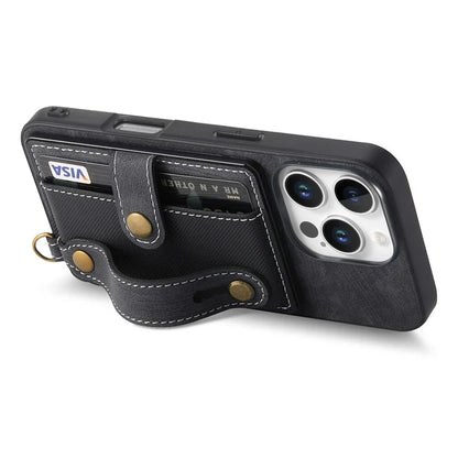 For iPhone 16 Pro Max Case Wristband Kickstand PU Leather Retro Back Cover Card Holder