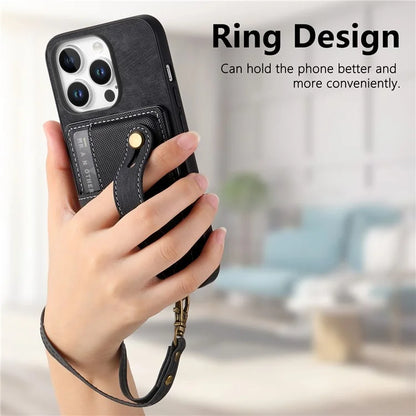 For iPhone 16 Pro Max Case Wristband Kickstand PU Leather Retro Back Cover Card Holder