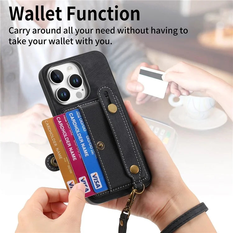 For iPhone 16 Pro Max Case Wristband Kickstand PU Leather Retro Back Cover Card Holder