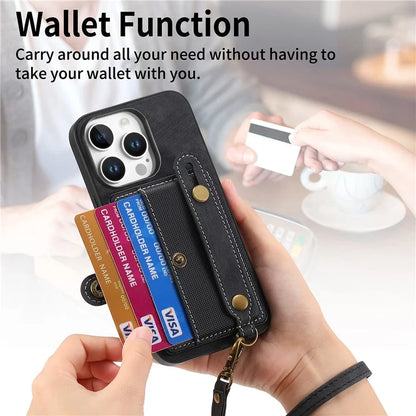 For iPhone 16 Pro Max Case Wristband Kickstand PU Leather Retro Back Cover Card Holder