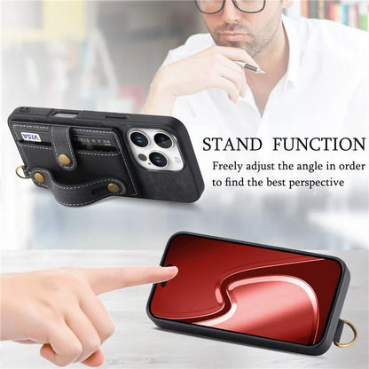For iPhone 16 Pro Max Case Wristband Kickstand PU Leather Retro Back Cover Card Holder