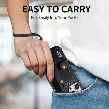 For iPhone 16 Pro Max Case Wristband Kickstand PU Leather Retro Back Cover Card Holder